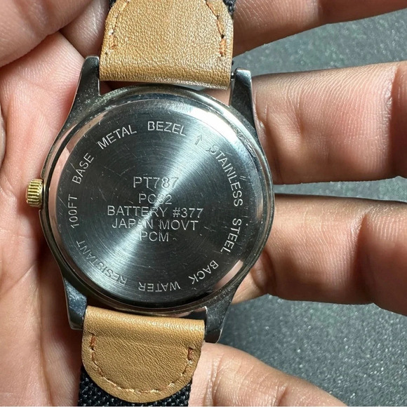 Mens silver tone quartz date just watch beige dial working canvas strap - Picture 5 of 7